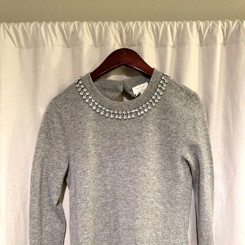 Kate Spade Grey Jewel Neck Bow Clasp Sweater